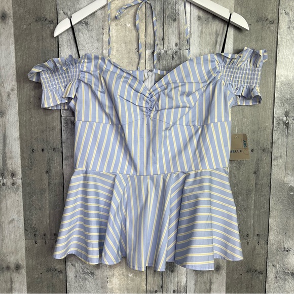 BELLE & SKY Blue White Striped Off The Shoulder Peplum Top Size Medium - Picture 1 of 10
